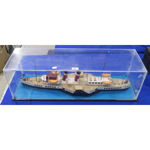 411 - A model of a side-wheeler paddle steamer, housed in a Perspex case measuring approx. 83cm x 25cm x 2... 