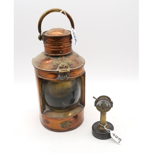 412B - A ship's copper and brass stern lantern by Capt. O.M. Watts Ltd., Yacht Equipment, London, together ... 