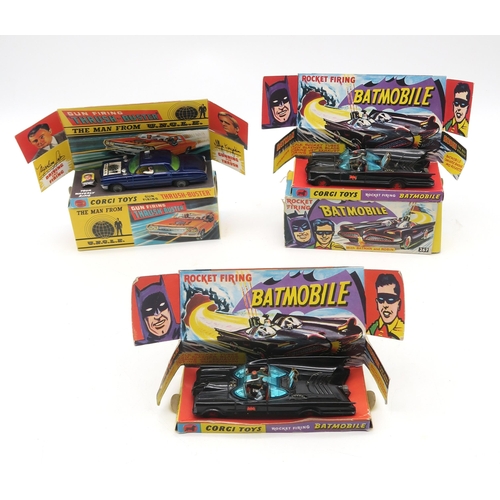 437 - Two Corgi 267 Batman Batmobiles, one retaining outer box and inner card tray, the other with inner t... 