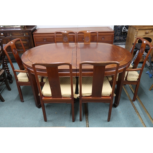 28 - A 20th century Chinese hardwood D end extending dining table and eight chairs, table with shaped fri... 