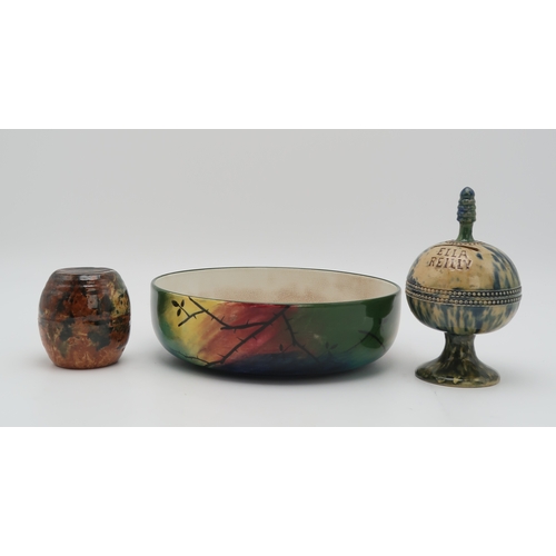 2172 - A JAZZY WEMYSS BOWL24.5cm diameter, together with two Scottish pottery money banks, one modelled as ... 