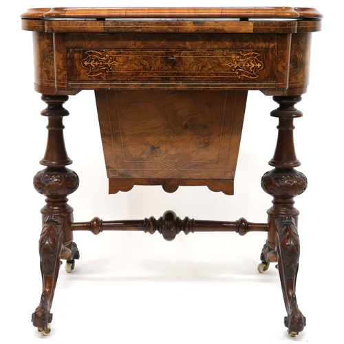 2013 - A VICTORIAN MAHOGANY AND BURR WALNUT VENEERED SEWING/GAMES TABLE with shaped satinwood inlaid fold o... 