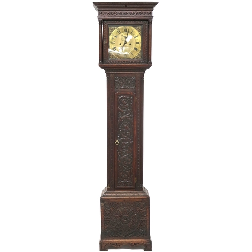 2033 - A 19TH CENTURY ORNATELY CARVED OAK CASED LONGCASE CLOCK with square brass face with brass ormolu mou... 