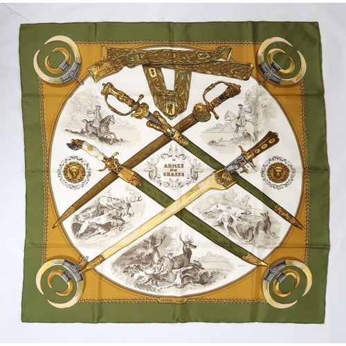 2616 - HERMES; A SILK SCARF 'Armes de Chasse' designed by Phillipe Ledoux, 1970, with original box and ribb... 