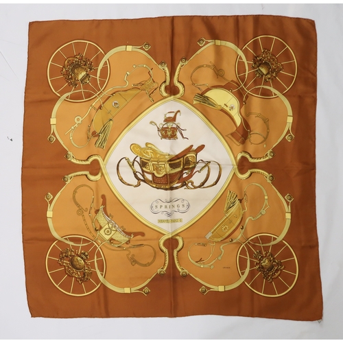 2617 - HERMES; A SILK SCARF'Springs', designed by Phillipe Ledoux, with original box, approx 88 x 90cm, ano... 