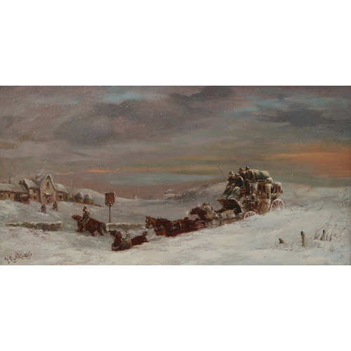 2959 - JOHN CHARLES MAGGS (BRITISH 1819-1896)LEEDS-LONDON COACH IN DRIFTING SNOWOil on canvas, signed lower... 