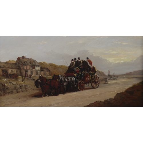 2960 - JOHN CHARLES MAGGS (BRITISH 1819-1896)COACH AND FOUR BY THE COAST Oil on canvas, signed lower left, ... 