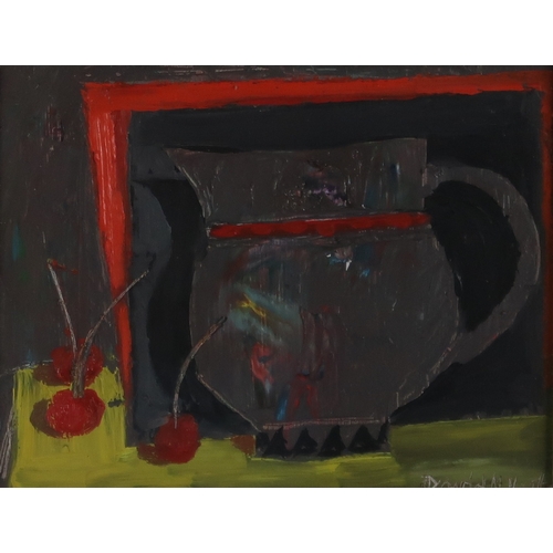 2998 - DAVID MCLEOD MARTIN RSW RGI SSA (SCOTTISH 1922-2018)JUG AND THREE CHERRIES (1999) Oil on board,... 