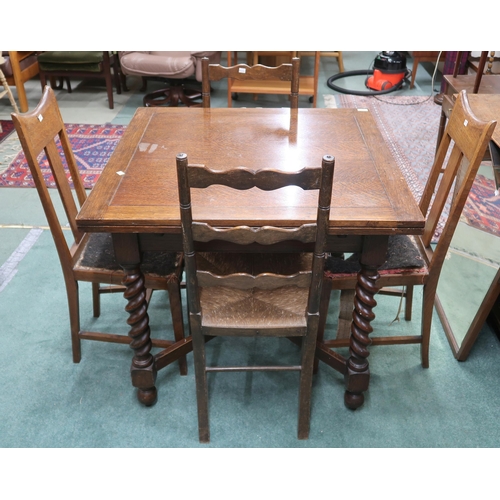 68 - A lot comprising 20th century oak pull out dining table with barley twist supports, 80cm high x 92cm... 