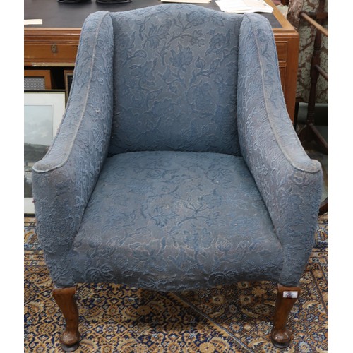 71 - A 20th century blue floral upholstered armchair with cabriole supports, 88cm long x 76cm wide x 71cm... 