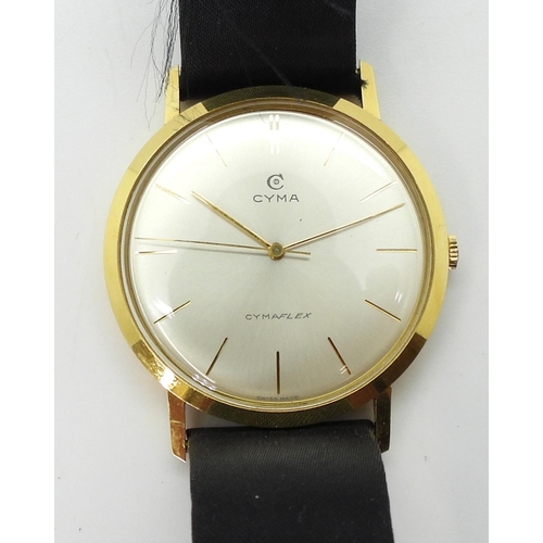 2901 - AN 18CT GOLD CYMA WRISTWATCHthe silvered dial branded Cyma Cymaflex, with gold coloured baton numera... 