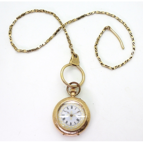 2904 - A 14K GOLD DECORATIVE FOB & CHAINa ladies Swiss hallmarked fob watch with a French enamelled dia... 