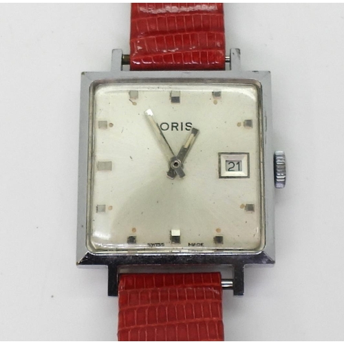 2921 - A VINTAGE ORIS WATCHwith a square chromed dial diameter 2.7cm, square dot numerals, blunt shaped han... 