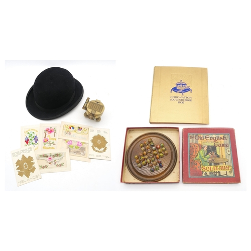 457 - A Stanley Natural Sine brass compass, fur felt bowler hat, WW1-era embroidered postcards, boxed soli... 