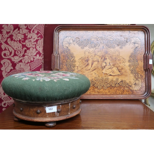 102 - A lot comprising Victorian circular tapestry upholstered footstool with walnut drum base on turned f... 