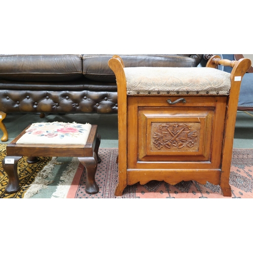 103 - An early 20th century oak piano stool with upholstered seat over fall front compartment, 60cm high x... 