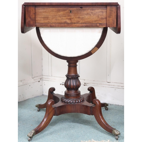 20 - A Victorian mahogany drop end sewing/work table with single drawer over slide hamper on carved turne... 