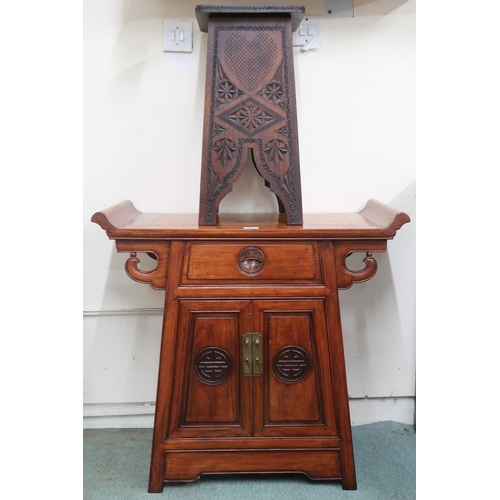 26 - A lot comprising 20th century Chinese hardwood altar cabinet with shaped top over single drawer over... 