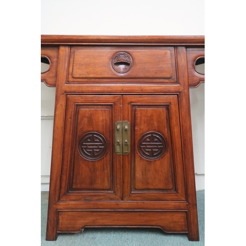 26 - A lot comprising 20th century Chinese hardwood altar cabinet with shaped top over single drawer over... 