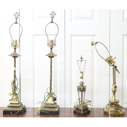30 - A lot comprising pair of 20th century brass table lamps with faux bamboo stems, 77cm high, and two o... 