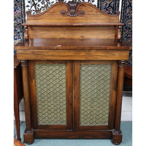 34 - A Victorian rosewood chiffonier with carved scrolled superstructure over pair of brass mesh front do... 