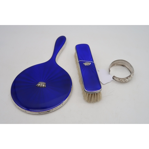 364 - A part silver and guilloche enamel vanity set, by J W B, Birmingham, with applied crown, and a stamp... 