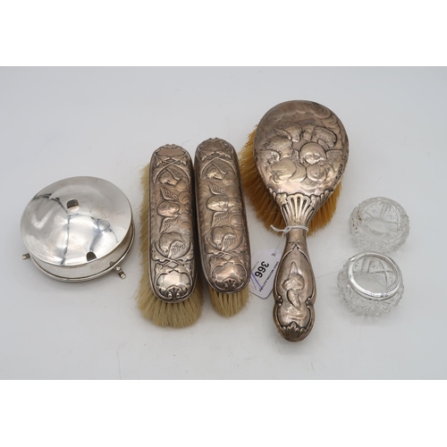 366 - A collection of silver including a three piece silver dressing set, by William Comyns, London, with ... 