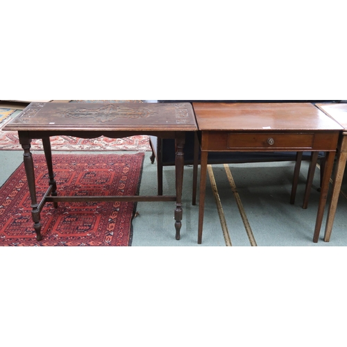 42 - A lot comprising oak hall table with carved Gothic style rectangular top on turned support joined by... 