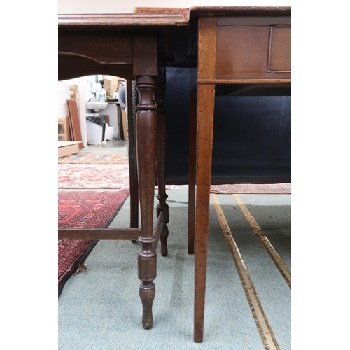 42 - A lot comprising oak hall table with carved Gothic style rectangular top on turned support joined by... 