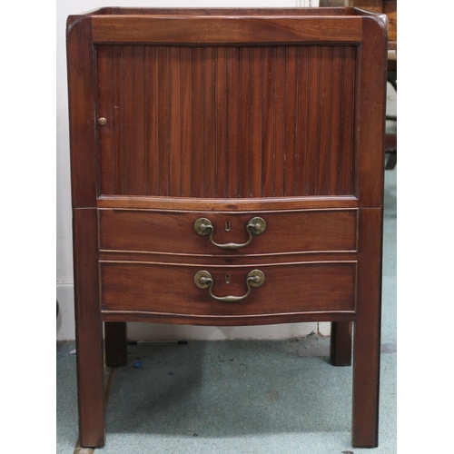 51 - A 19th century mahogany bow front commode with galleried top over tambour door over two faux drawers... 
