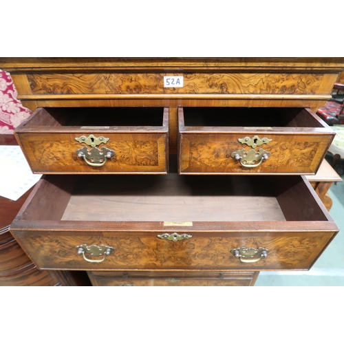 52A - A 20th century mahogany and burr walnut veneered chest on chest with moulded cornice over two short ... 