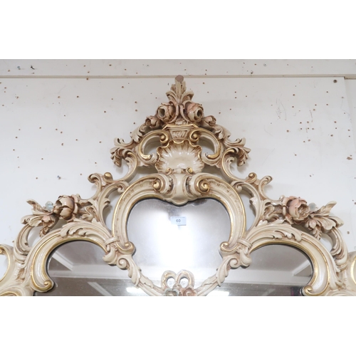 60 - A 20th century cream and gilt rococo style framed overmantle mirror, 152cm high x 135cm wide