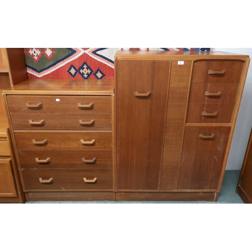 62 - A lot comprising mid 20th century teak G plan E Gomme bachelors wardrobe with single door alongside ... 