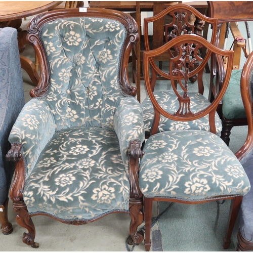 72 - A Victorian walnut framed floral upholstered parlour armchair on cabriole supports, 95cm high x 61cm... 