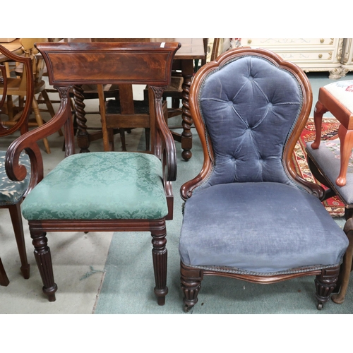 73 - A lot comprising Victorian walnut framed blue button upholstered nursing chair with turned front sup... 