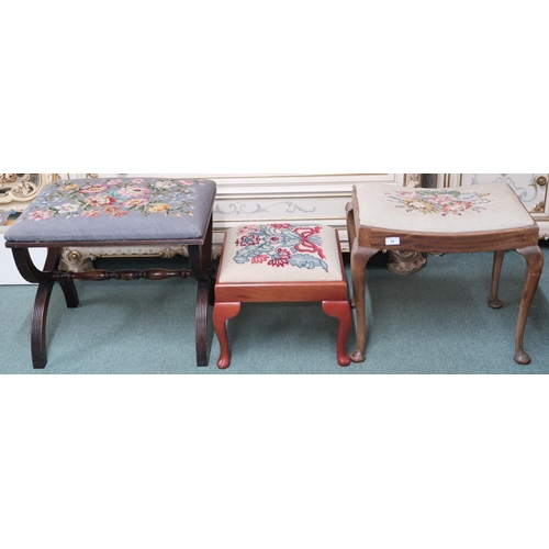 74 - A lot comprising Victorian walnut framed tapestry upholstered stool with crossed supports joined by ... 