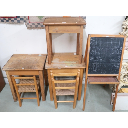 76 - A mixed lot of children's school furniture to include three assorted beech child's school desks, fol... 