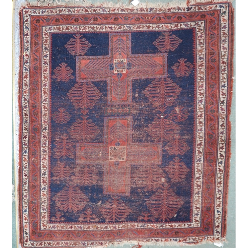 77 - A lot comprising dark blue ground Caucasian rug with red crossed medallions, red and cream borders, ... 