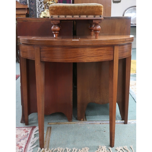 78 - A lot comprising Victorian mahogany demi lune fold-over tea table on square tapering supports, 76cm ... 