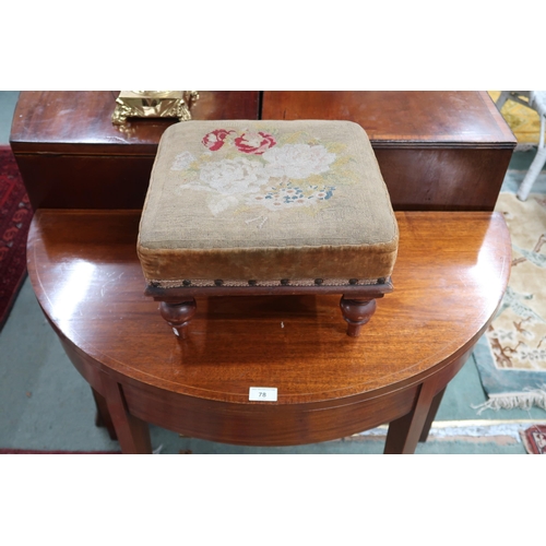 78 - A lot comprising Victorian mahogany demi lune fold-over tea table on square tapering supports, 76cm ... 