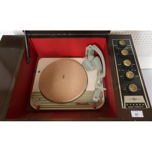 87 - A 20th century Philco model 56 hifi stereo with Monarch turntable on tapering ebonised supports, 56c... 