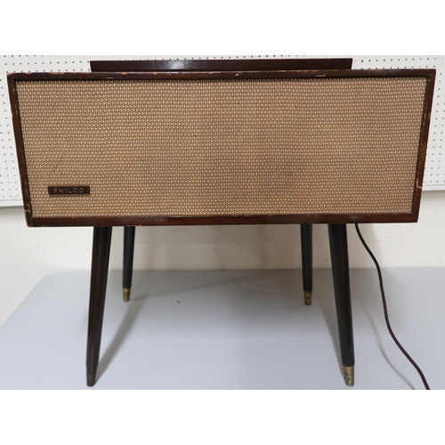 87 - A 20th century Philco model 56 hifi stereo with Monarch turntable on tapering ebonised supports, 56c... 