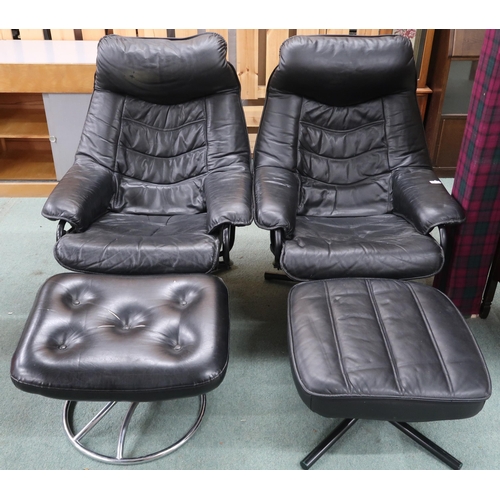 98 - A lot comprising a pair of 20th century Norwegian Skoghaug black vinyl swivel armchairs and two asso... 