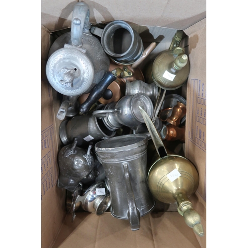 208 - Assorted pewter tankards, one marked for James Yates, two brass Turkish coffee pots etc