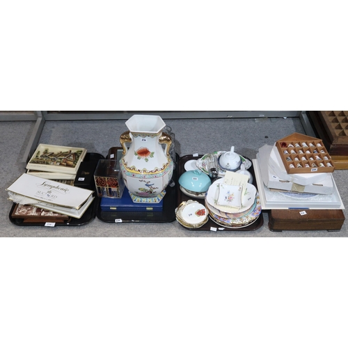 210 - Assorted decorative ceramics, ostrich fan, thimbles etc