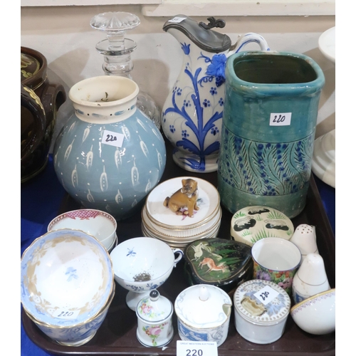 220 - A collection of decorative ceramics including a Meissen style pug, trinket boxes, vases etc