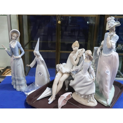 222 - A group of Lladro figures including a sitting ballerina, a lady leaning on a wall with a parasol etc