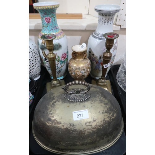 227 - A Japanese satsuma vase, a pair of brass candlesticks, two Chinese vases and a meat cover