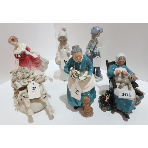 241 - Three Royal Doulton figures inclduing Nanny and The Favourite, two Lladro figures etc