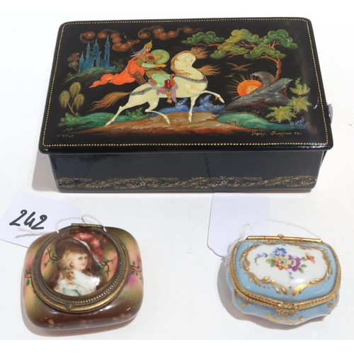 242 - A Russian lacquer box, a French porcelain box and another decorated with a woman